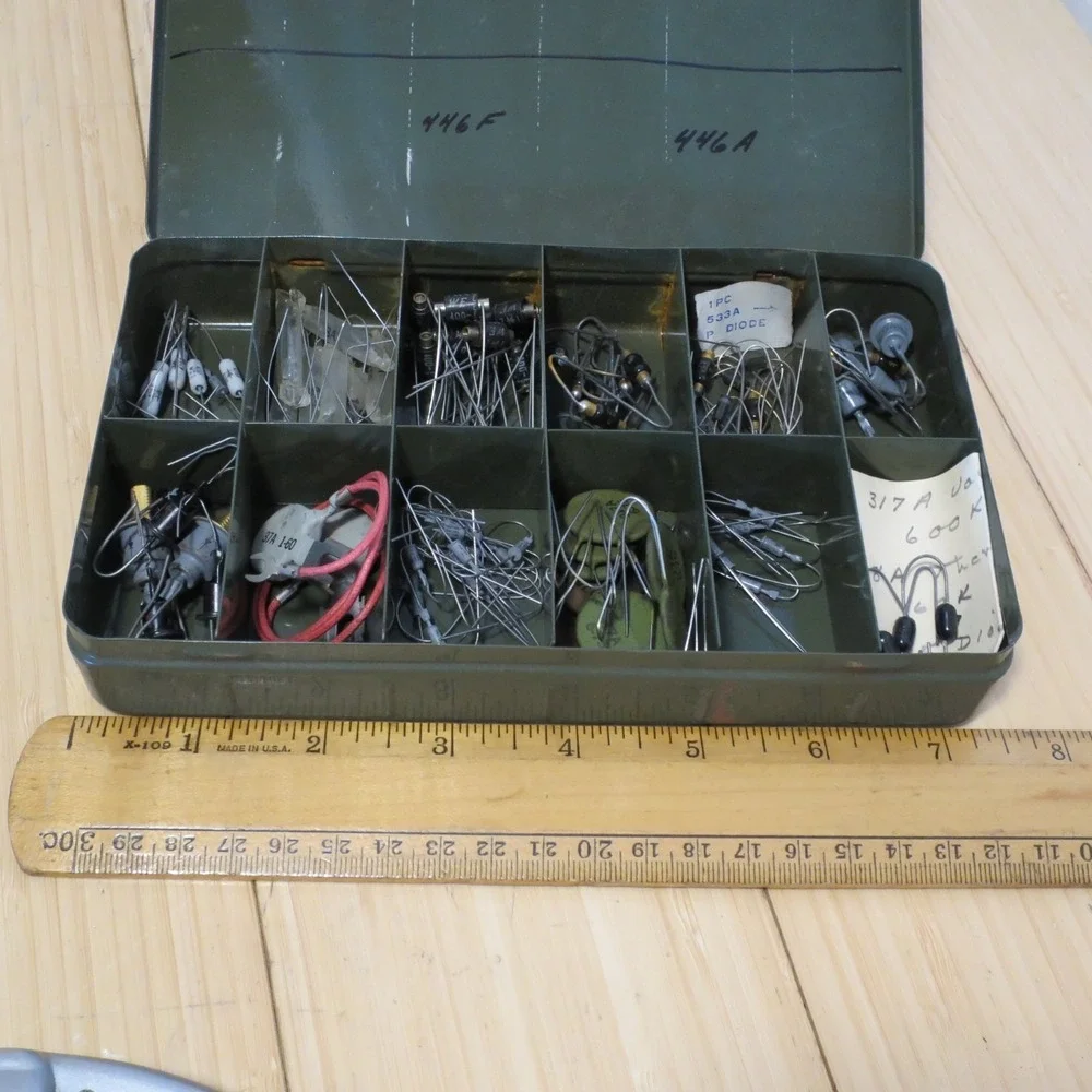 Vintage Assorted Lot of Resistors Lights etc. in Metal Case Lineman 1
